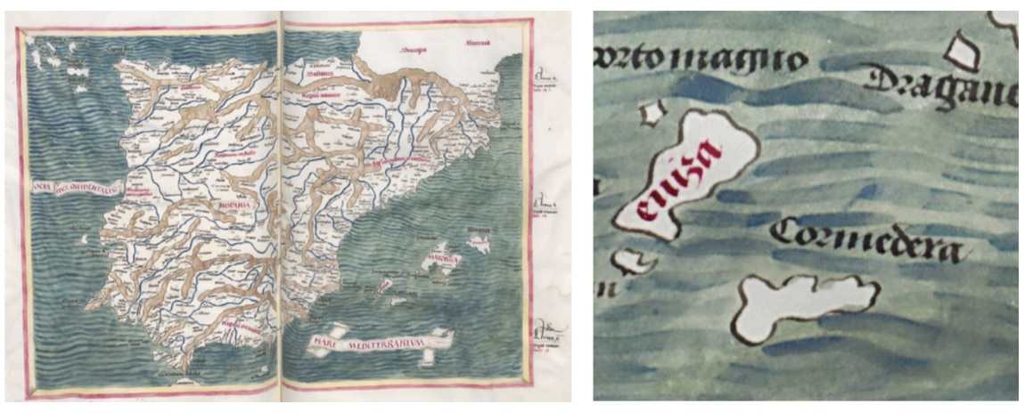 Mapa moderno de Hispania (1498-1515) y detalle de las islas Pitiusas con el topónimo Cormedera.