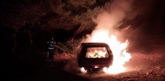 Los bomberos evitan que el incendio de un vehículo afecte a una zona boscosa en la subida a la Mola Los bomberos controlan el incendio de un vehículo en el kilómetro 14,8