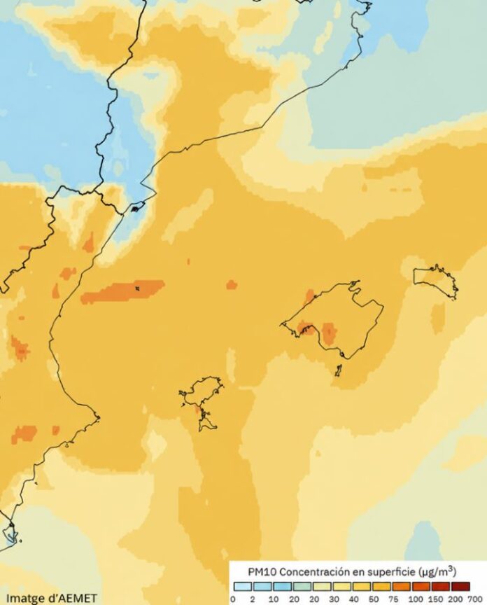 Mapa con los niveles de concentración de polvo africano